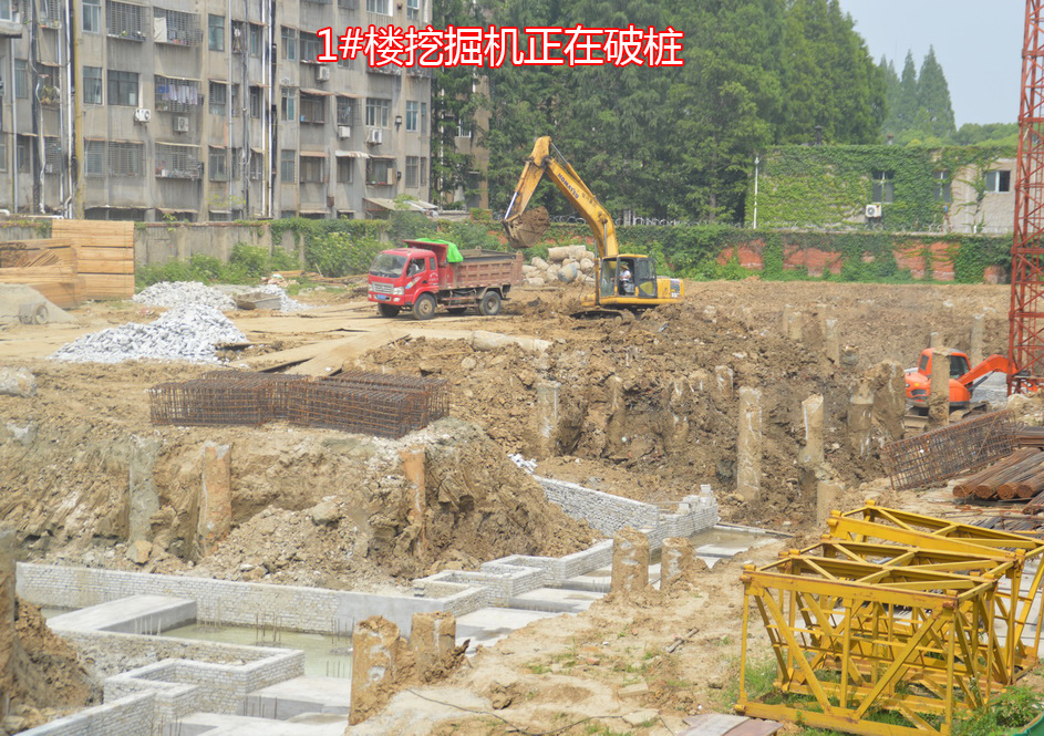 西湖文苑2018-6工程进度1#楼挖掘机正在破桩.JPG